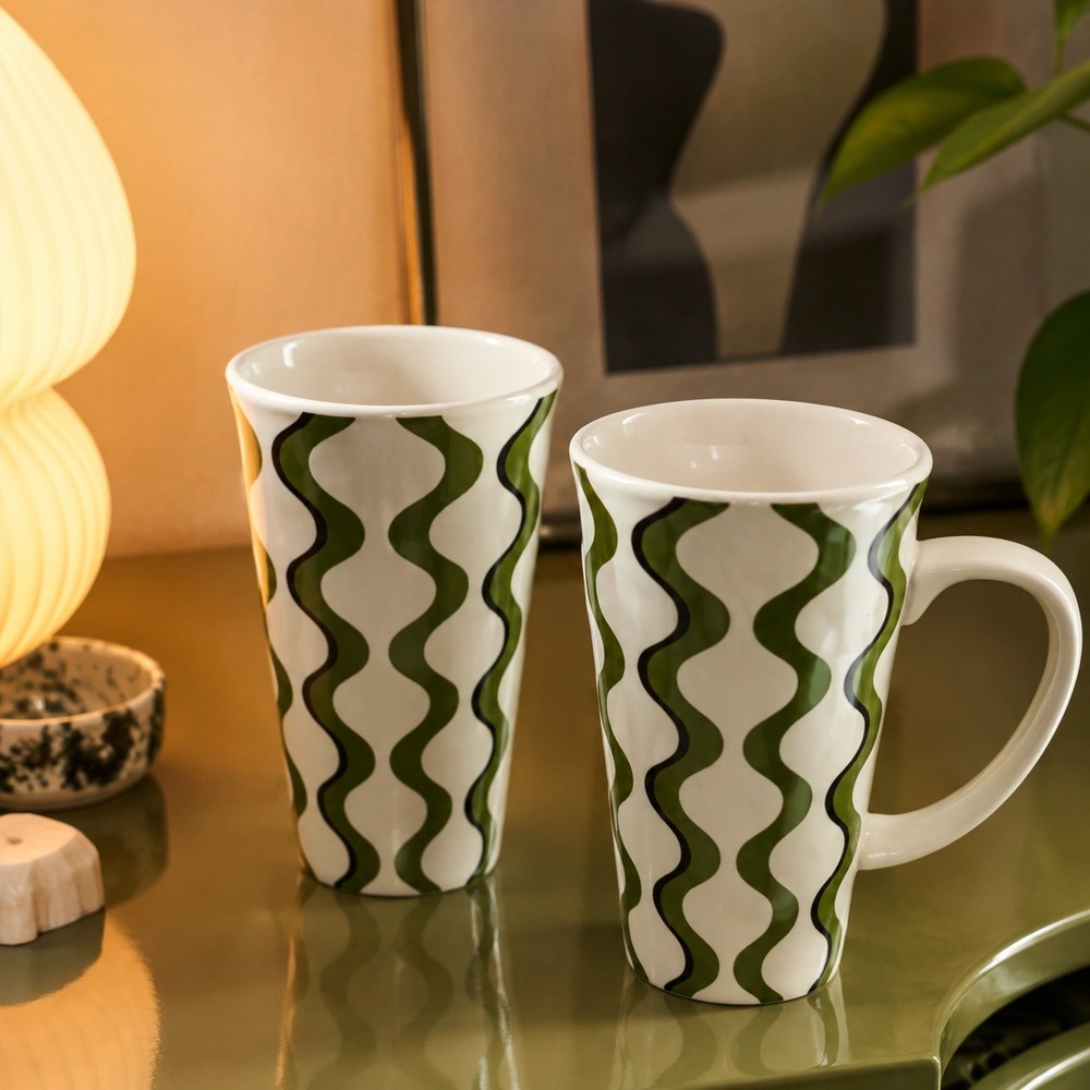 Pier 1 Wavy Mod Ironstone Coffee Mugs Green Brown Cream Set of 2 Retro Style Y2K
